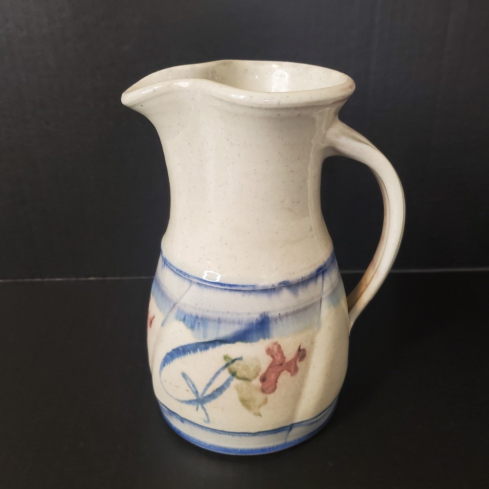 Stoneware Artist Studio Pottery Pitcher Jug Heavy Muted Floral Signed Benner